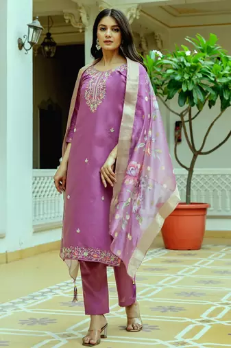 Pink color viscosee chanderi embroidery with printed readymade salwar suit