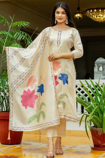 Cream color viscose assam silk fabric embroidery work with printed readymade salwar suit