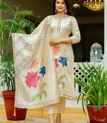 Cream color viscose assam silk fabric embroidery work with printed readymade salwar suit