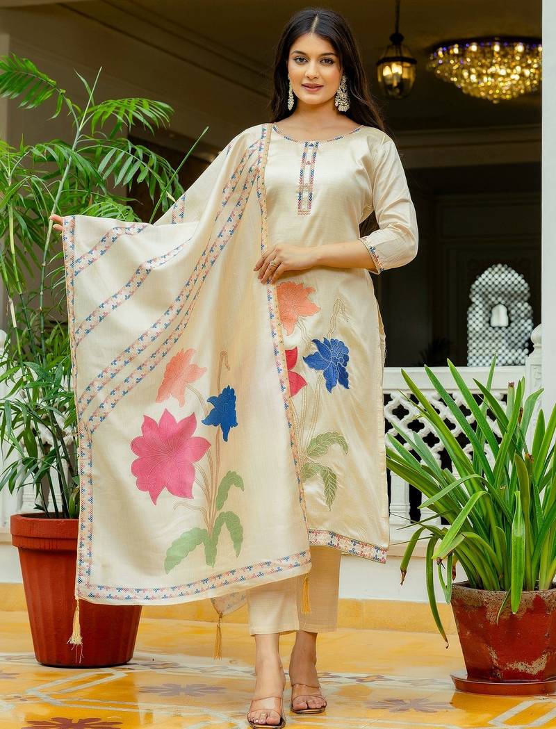 Cream color viscose assam silk fabric embroidery work with printed readymade salwar suit