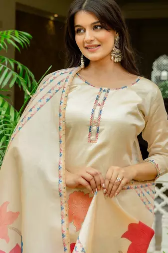 Cream color viscosee assam silk embroidery with printed readymade salwar suit
