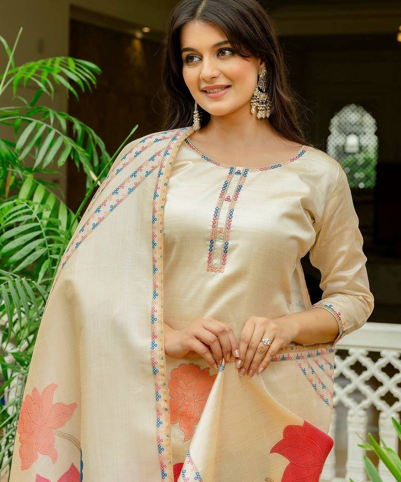 Cream color viscose assam silk fabric embroidery work with printed readymade salwar suit