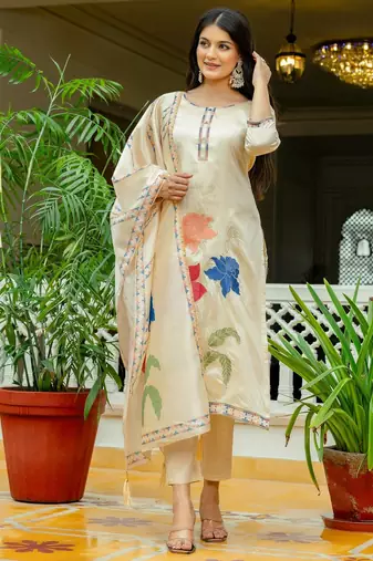 Cream color viscosee assam silk embroidery with printed readymade salwar suit