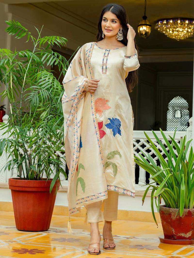 Cream color viscose assam silk fabric embroidery work with printed readymade salwar suit