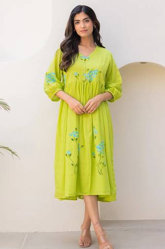 Parrot green color designer digital printed kota checks fabric girlie sophesticated rich looks kurti