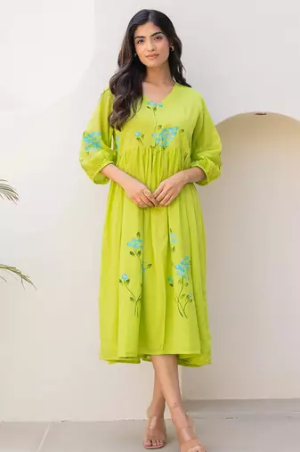 Parrot green color designer digital printed kota checks fabric girlie sophesticated rich looks kurti