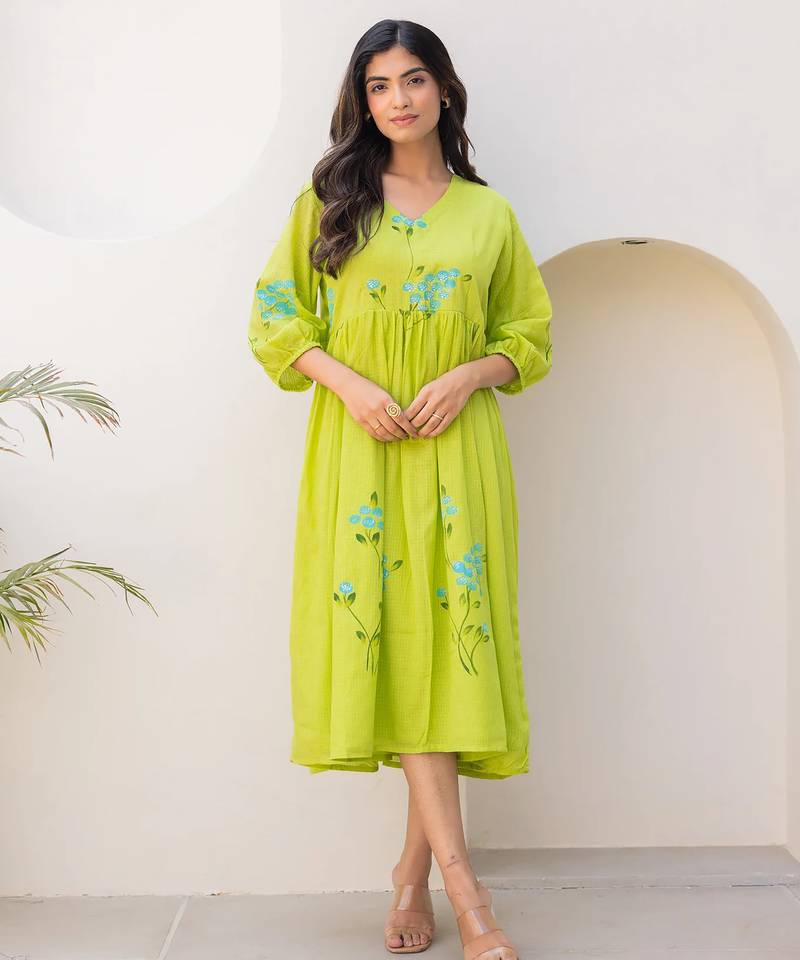Parrot green color designer digital printed kota checks fabric girlie sophesticated rich looks kurti