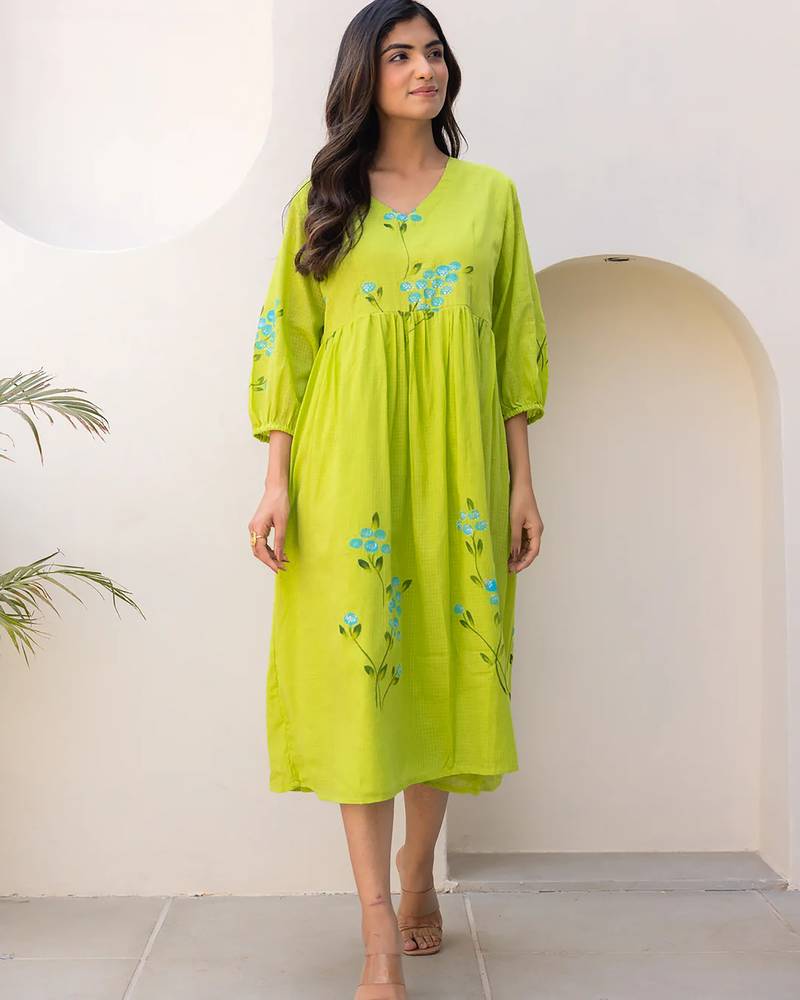 Parrot green color designer digital printed kota checks fabric girlie sophesticated rich looks kurti