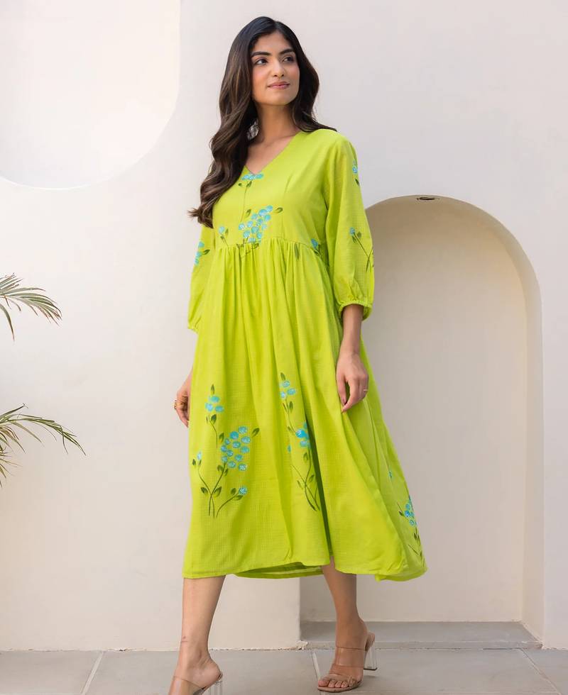 Parrot green color designer digital printed kota checks fabric girlie sophesticated rich looks kurti