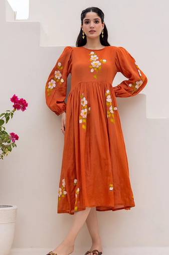Orange color designer digital printed kota checks fabric girlie sophesticated rich looks kurti