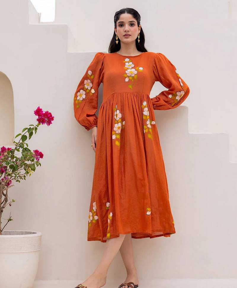 Orange color designer digital printed kota checks fabric girlie sophesticated rich looks kurti