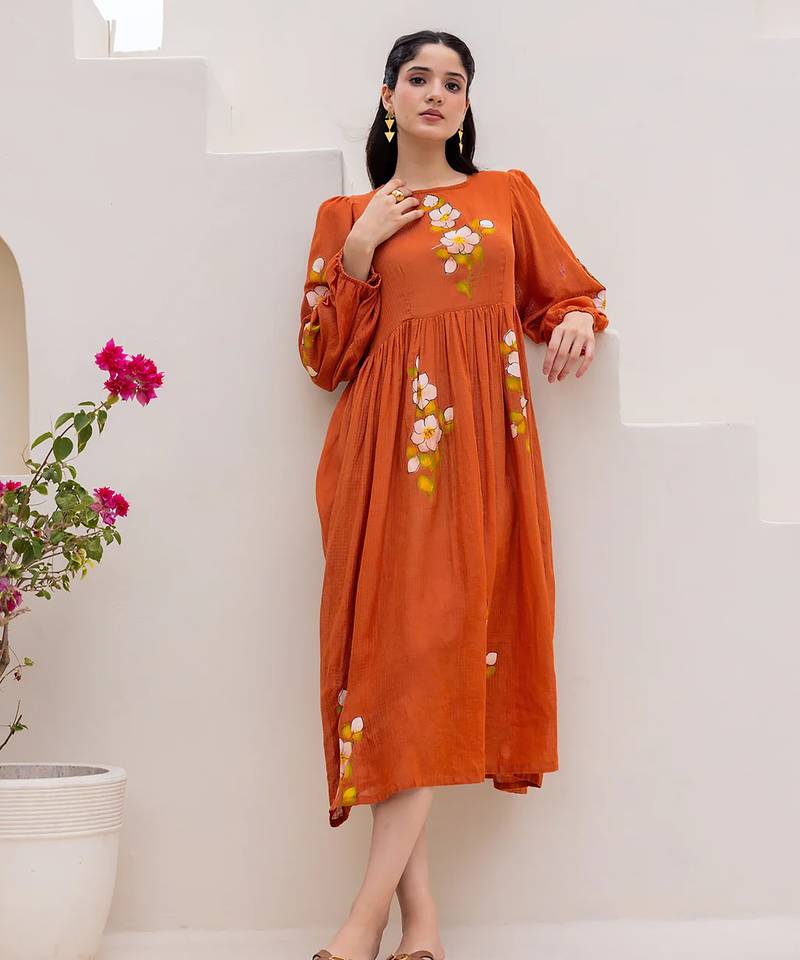 Orange color designer digital printed kota checks fabric girlie sophesticated rich looks kurti