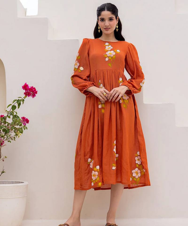 Orange color designer digital printed kota checks fabric girlie sophesticated rich looks kurti