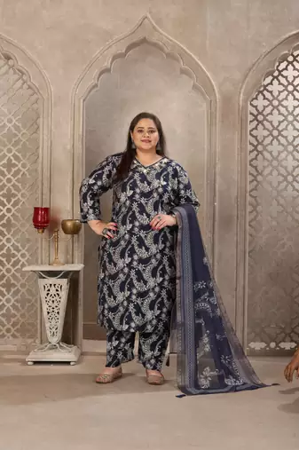 Navy blue color lichi viscose fabric prited plus size kurta set with dupatta