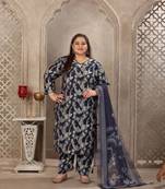 Navy blue color lichi viscose fabric prited plus size kurta set with dupatta