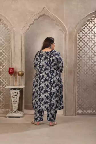 Navy blue color lichi viscosee prited plus size kurta set with dupatta