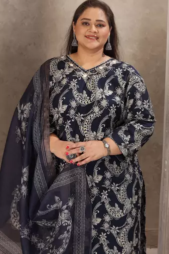 Navy blue color lichi viscosee prited plus size kurta set with dupatta