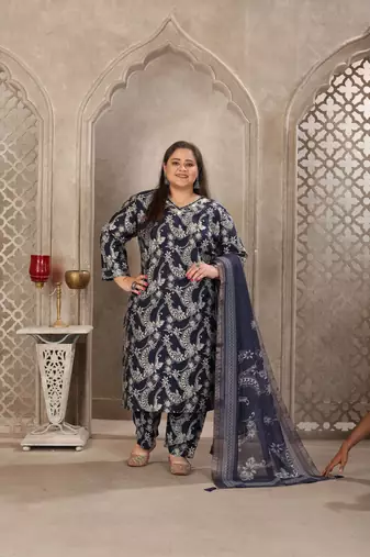 Navy blue color lichi viscosee prited plus size kurta set with dupatta