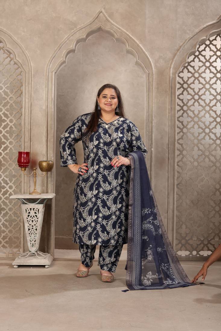 Navy blue color lichi viscose fabric prited plus size kurta set with dupatta
