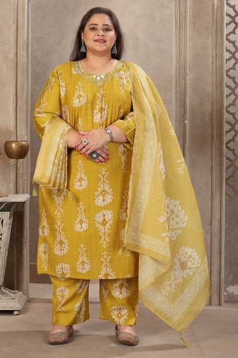 Lemon color lichi viscose fabric prited plus size kurta set with dupatta