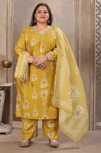 Lemon color lichi viscose fabric prited plus size kurta set with dupatta