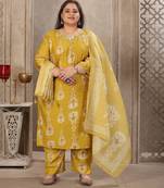 Lemon color lichi viscosee fabric prited plus size kurta set with dupatta