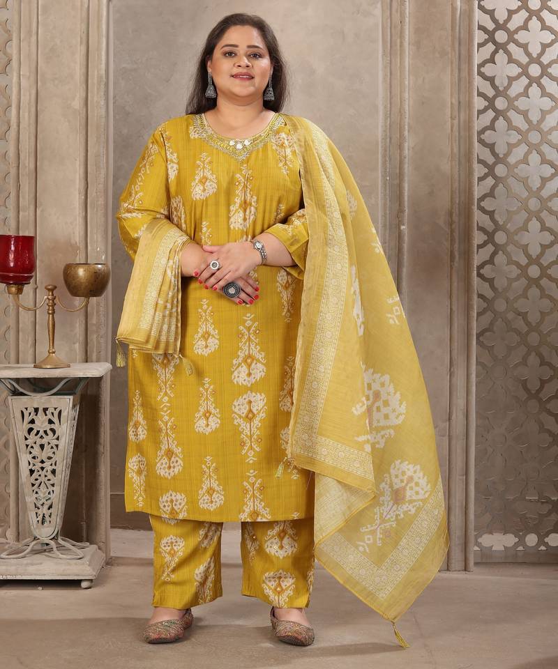 Lemon color lichi viscose fabric prited plus size kurta set with dupatta