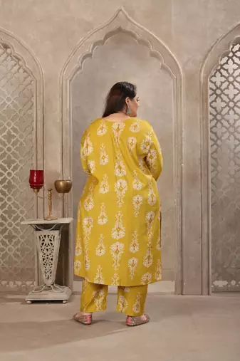 Lemon color lichi viscosee prited plus size kurta set with dupatta