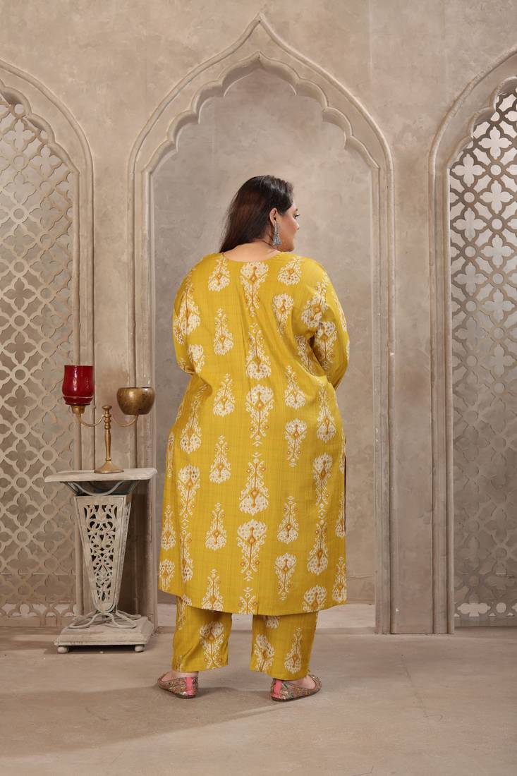 Lemon color lichi viscose fabric prited plus size kurta set with dupatta