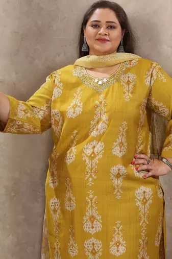 Lemon color lichi viscosee prited plus size kurta set with dupatta