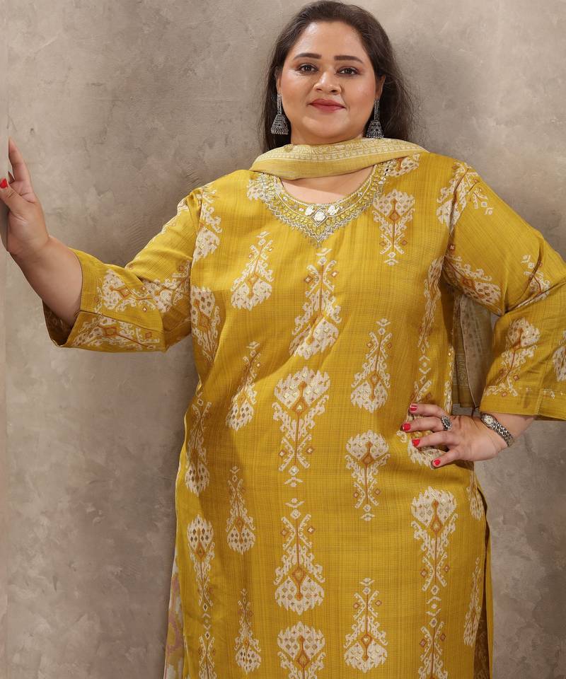 Lemon color lichi viscose fabric prited plus size kurta set with dupatta