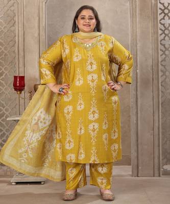 Lemon color lichi viscosee prited plus size kurta set with dupatta 5
