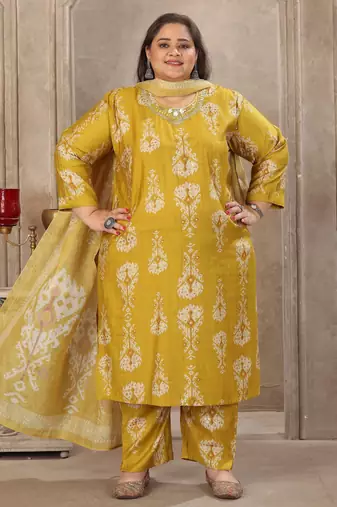 Lemon color lichi viscosee prited plus size kurta set with dupatta