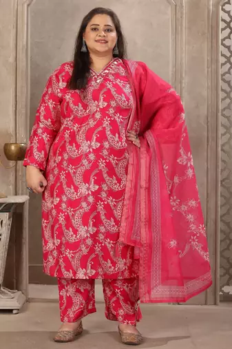 Pink color lichi viscose fabric prited plus size kurta set with dupatta