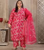 Pink color lichi viscose fabric prited plus size kurta set with dupatta
