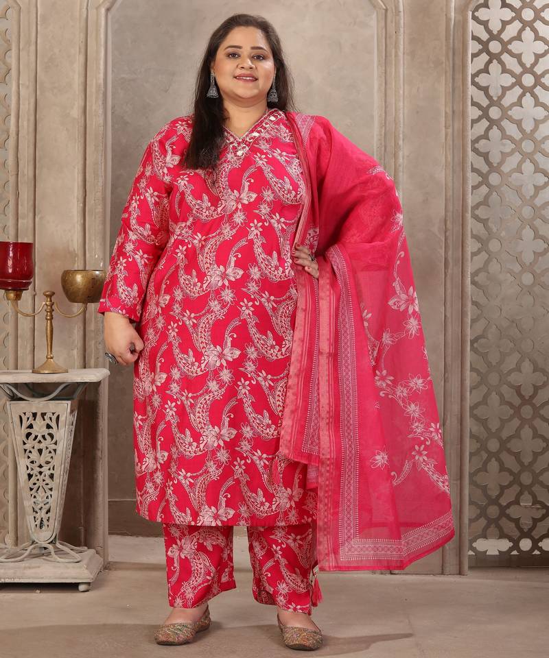 Pink color lichi viscose fabric prited plus size kurta set with dupatta