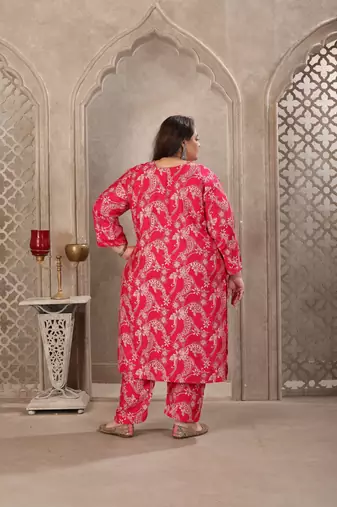 Pink color lichi viscosee prited plus size kurta set with dupatta