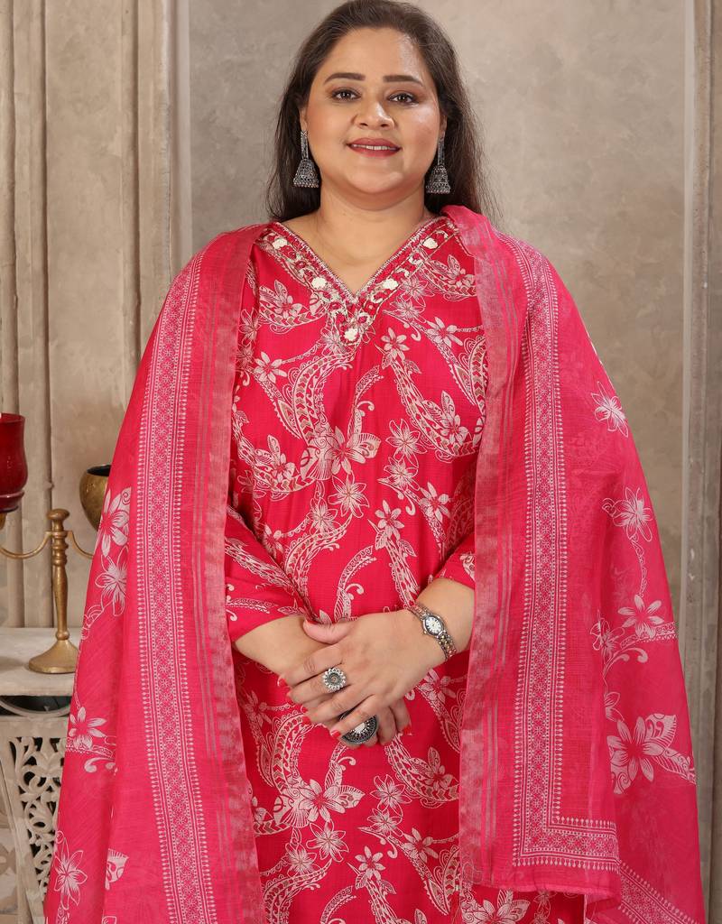 Pink color lichi viscose fabric prited plus size kurta set with dupatta