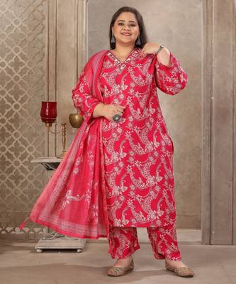 Pink color lichi viscosee prited plus size kurta set with dupatta 5