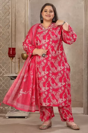 Pink color lichi viscosee prited plus size kurta set with dupatta