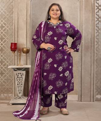Purple color rayon prited plus size kurta set with dupatta 1