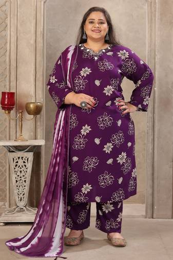 Purple color rayon fabric prited plus size kurta set with dupatta