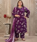 Purple color rayon fabric prited plus size kurta set with dupatta
