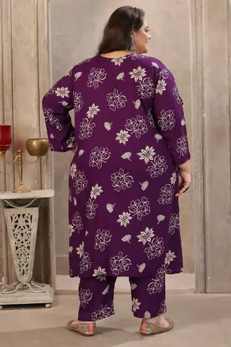Purple color rayon prited plus size kurta set with dupatta