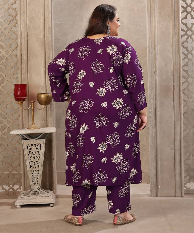 Purple color rayon fabric prited plus size kurta set with dupatta