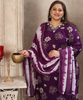 Purple color rayon prited plus size kurta set with dupatta 4