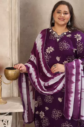 Purple color rayon prited plus size kurta set with dupatta