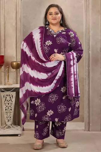 Purple color rayon prited plus size kurta set with dupatta
