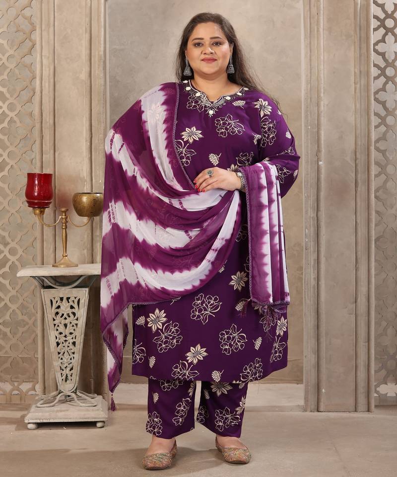 Purple color rayon fabric prited plus size kurta set with dupatta