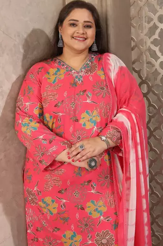 Gajri color rayon prited plus size kurta set with dupatta